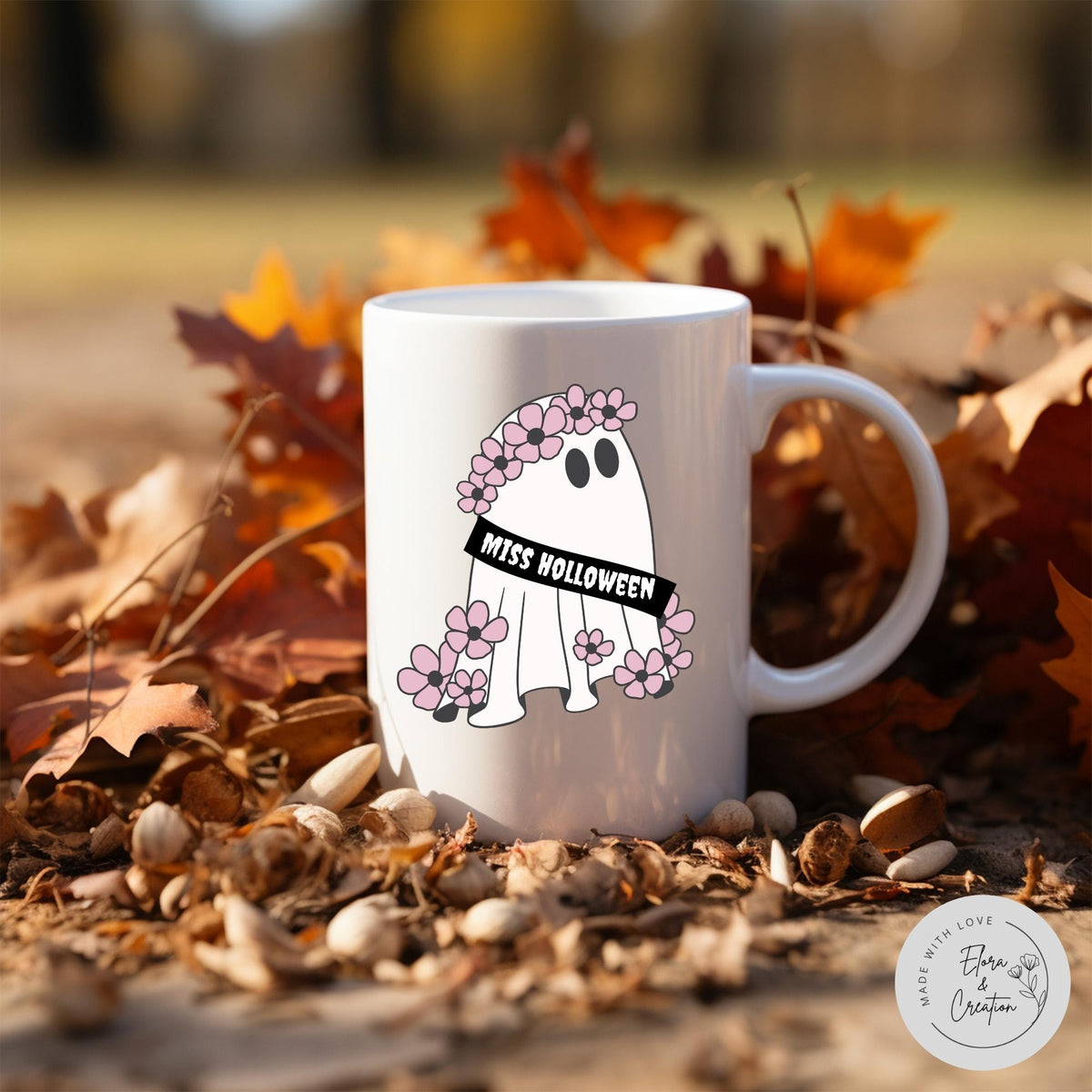 Cute Ghost Ms. Halloween - Mrs. Halloween Mug with Flower Wreath