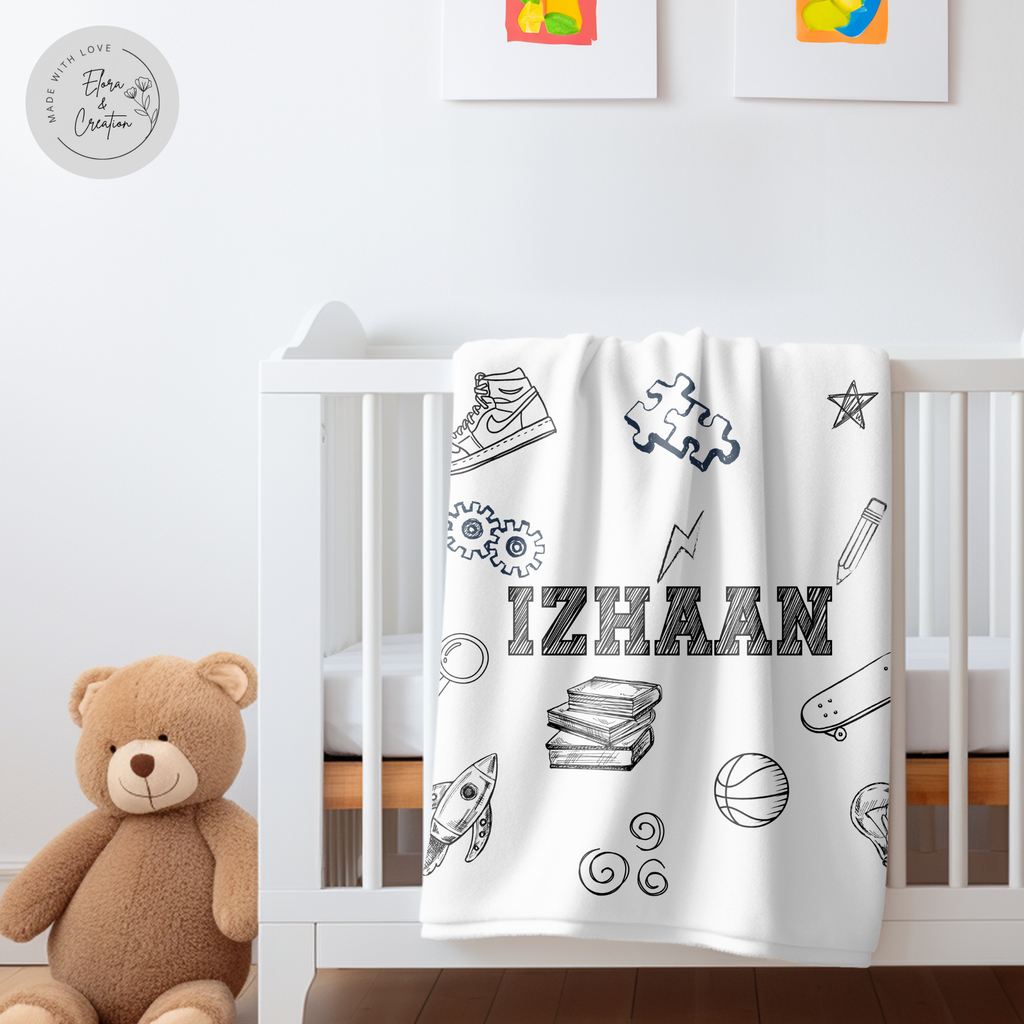 Custom Name Sketch Theme Blanket for Boys