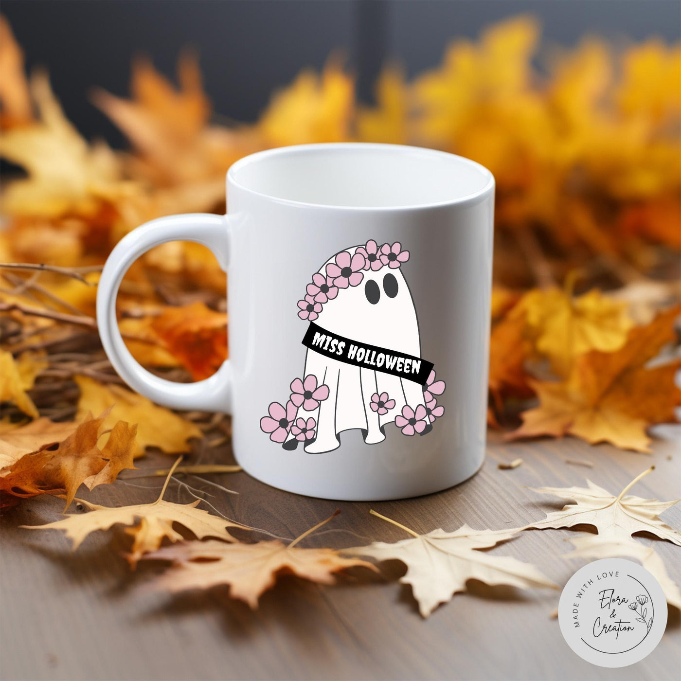 Cute Ghost Ms. Halloween - Mrs. Halloween Mug with Flower Wreath