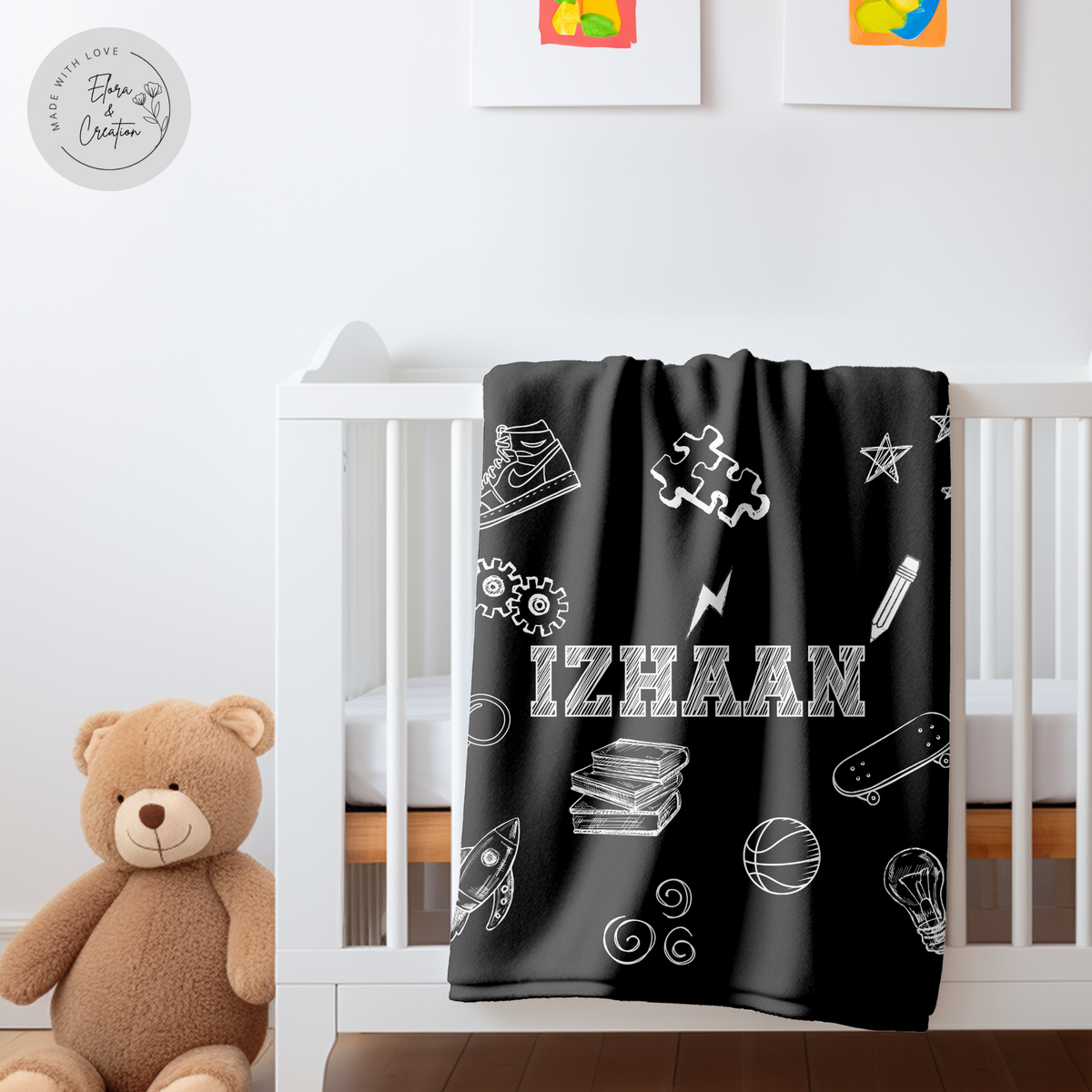 Custom Name Sketch Theme Blanket for Boys