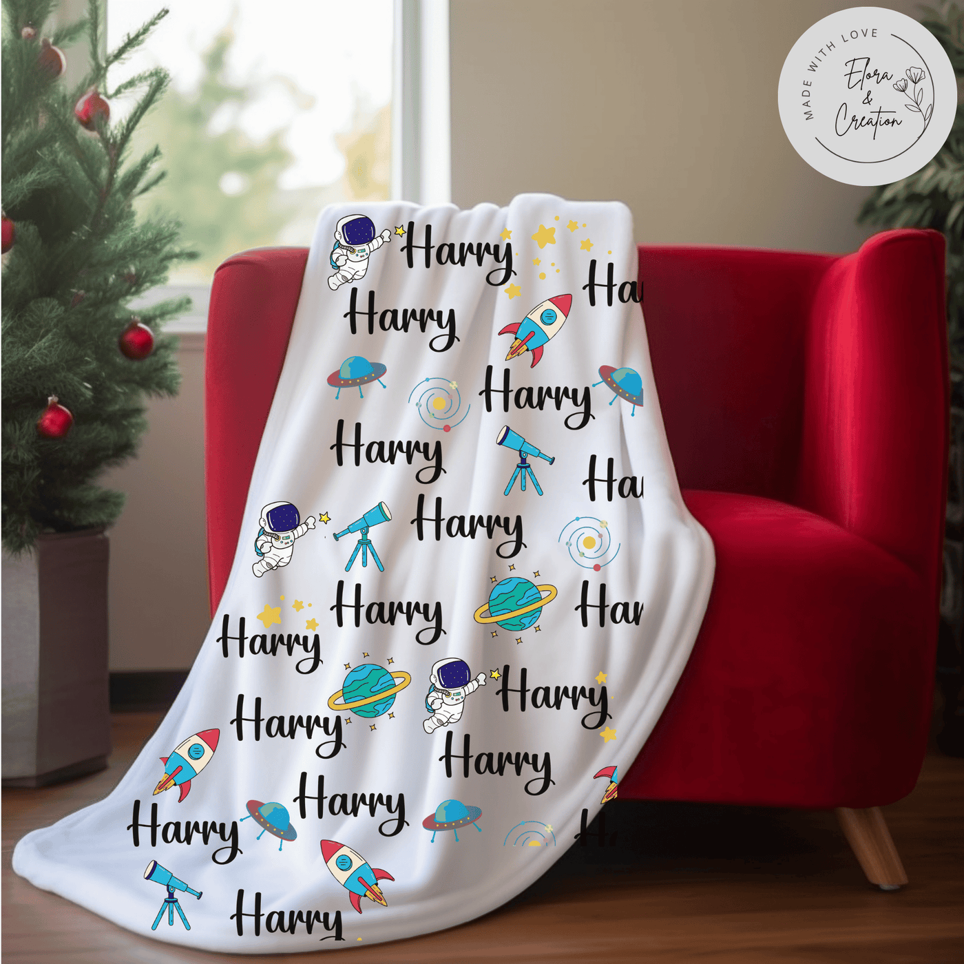 Custom Name Rocket and Space Theme Blanket for Boys