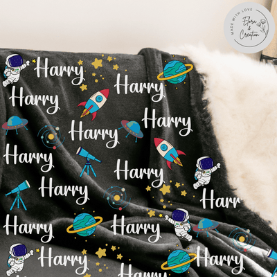 Custom Name Rocket and Space Theme Blanket for Boys