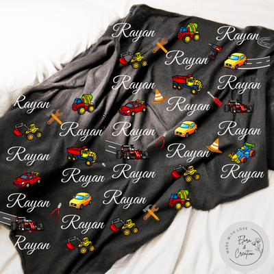 Name Blanket for Boys with Cars, Trucks & Tools