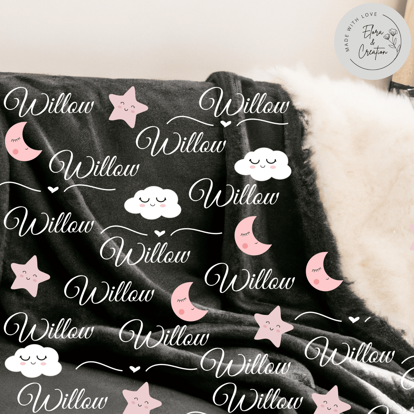 Girls Name Blanket with Cloud, Moon & Stars