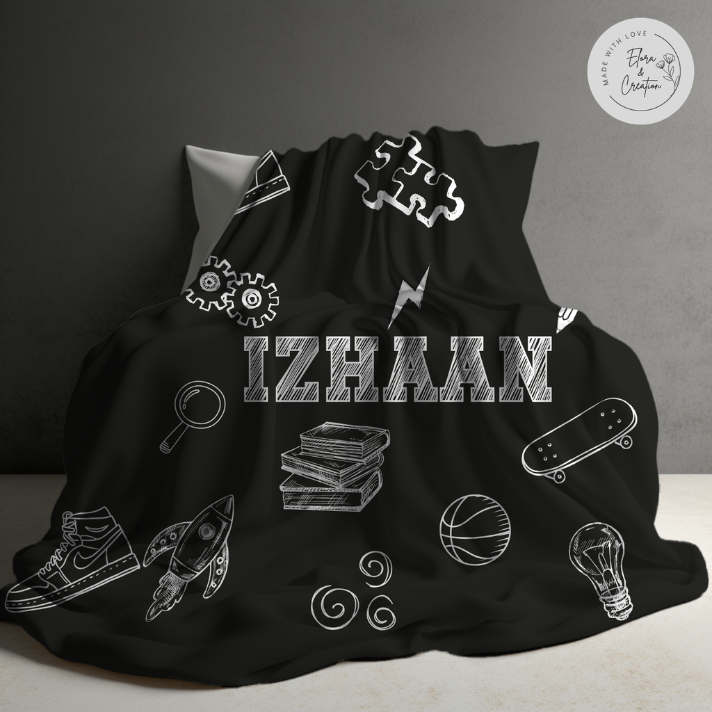 Custom Name Sketch Theme Blanket for Boys