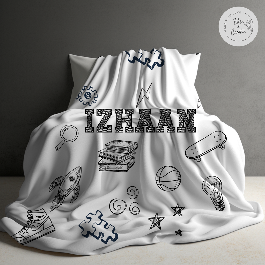 Custom Name Sketch Theme Blanket for Boys