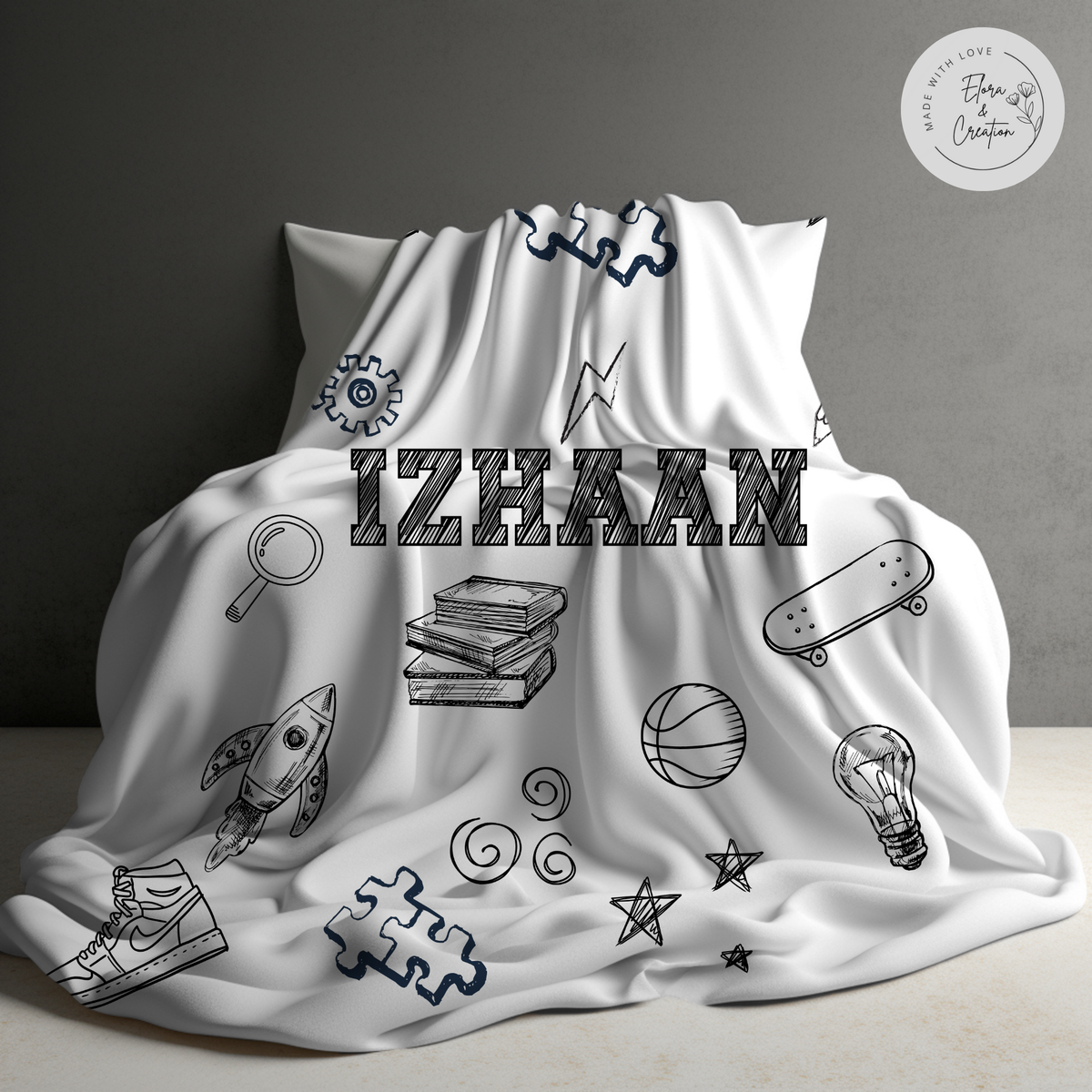 Custom Name Sketch Theme Blanket for Boys