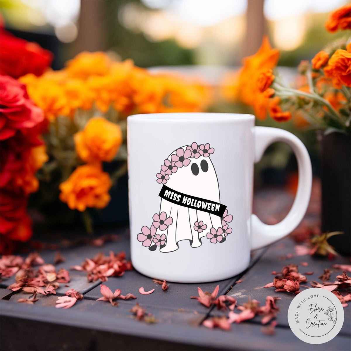 Cute Ghost Ms. Halloween - Mrs. Halloween Mug with Flower Wreath