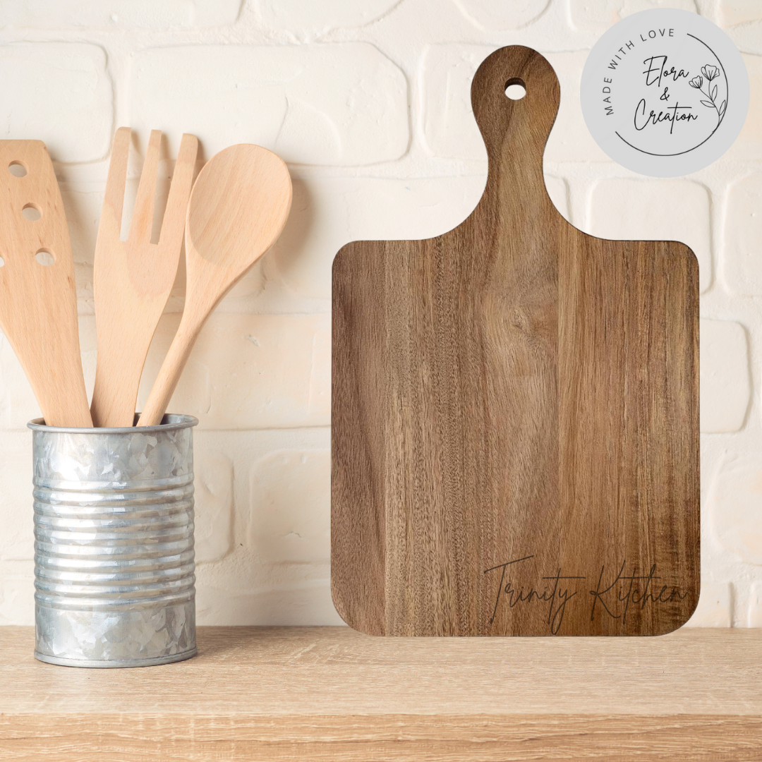 Custom Engraved Acacia Wooden Cutting Board with a Handle - Charcuterie Board with a Handle