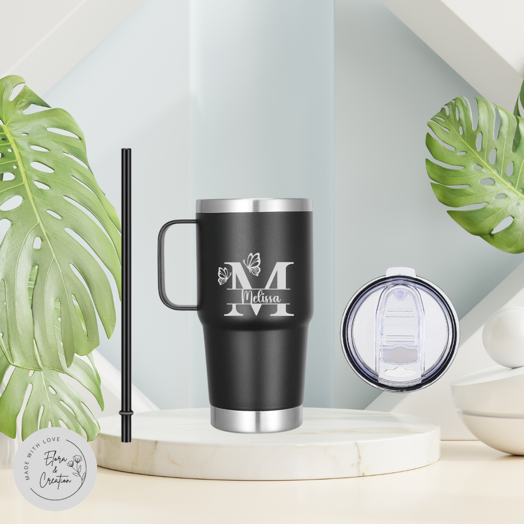 Custom Name or Logo Laser Engraved Stainless Steel Tumbler with handle