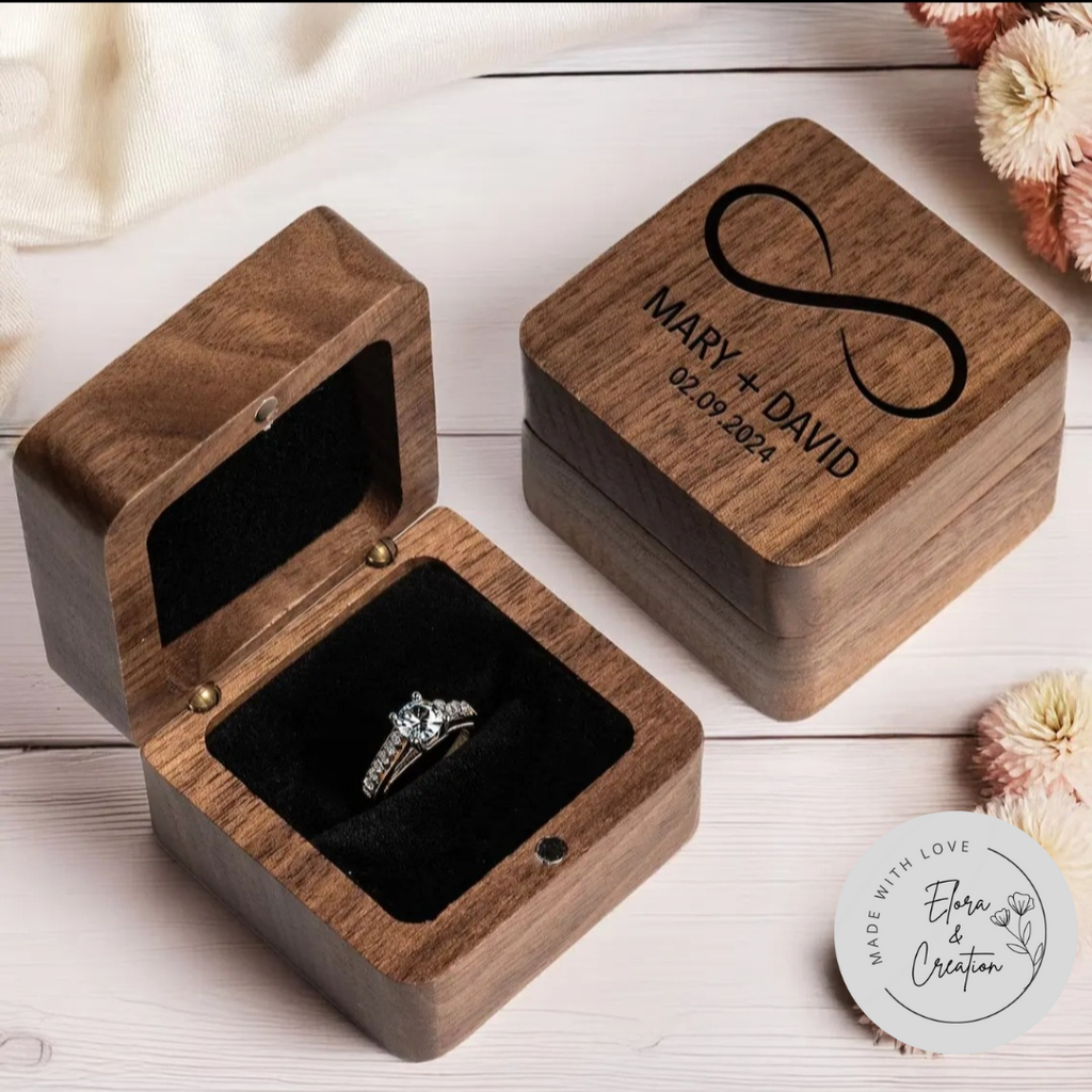 Personalized Wooden Ring Box – Custom Laser Engraved Initials, Names or Message | Proposal, Anniversary & Valentine’s Gift
