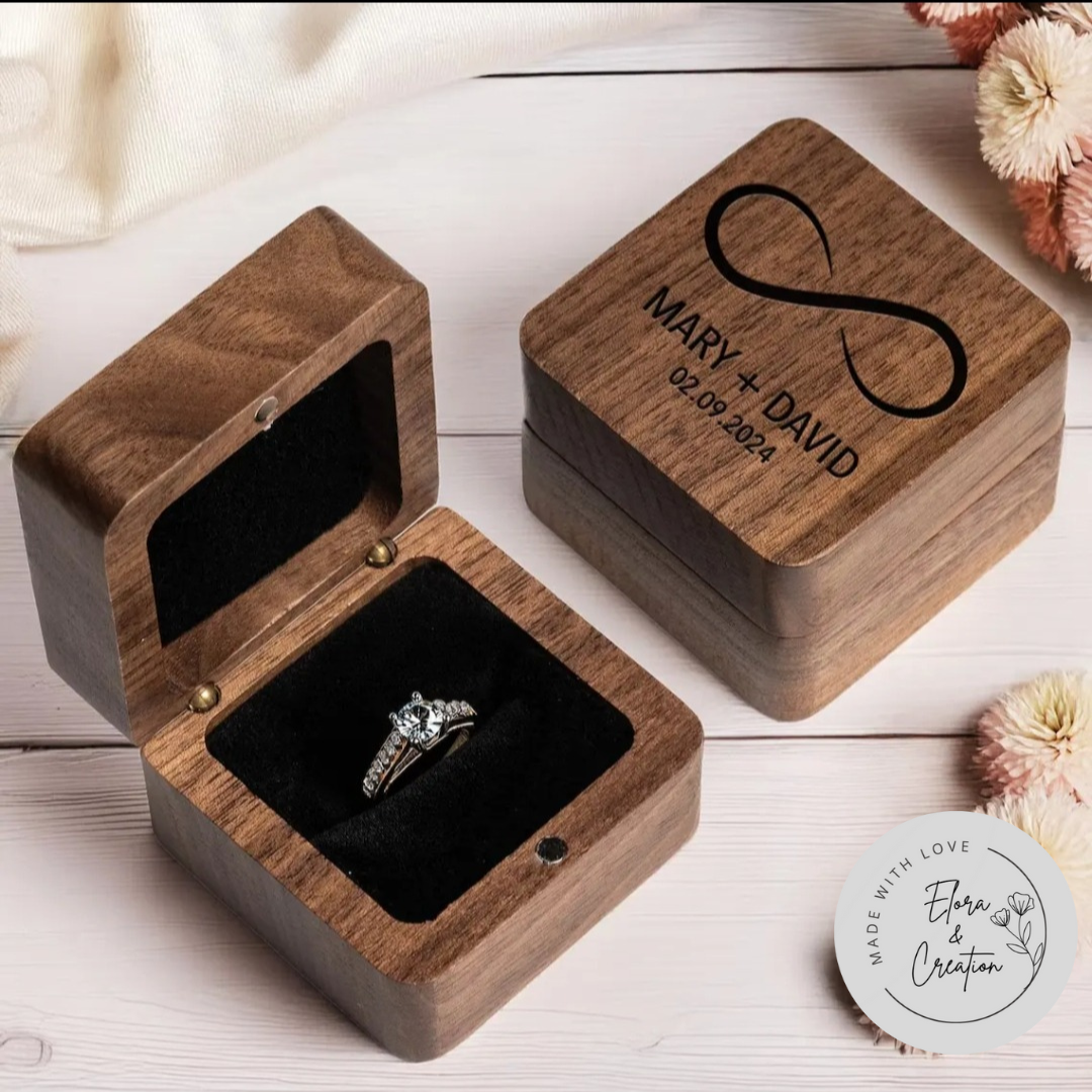 Personalized Wooden Ring Box – Custom Laser Engraved Initials, Names or Message | Proposal, Anniversary & Valentine’s Gift