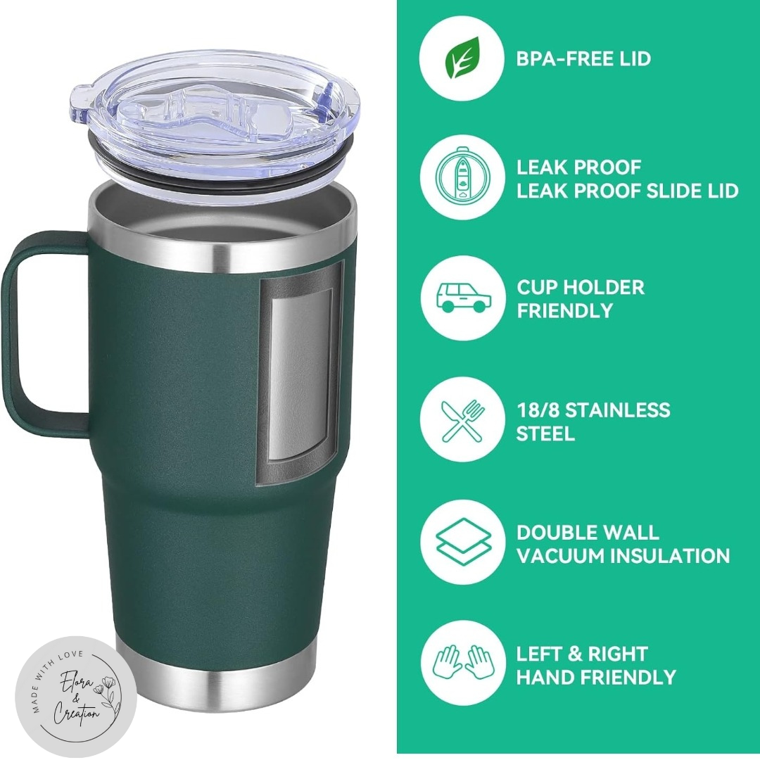 Custom Name or Logo Laser Engraved Stainless Steel Tumbler with handle