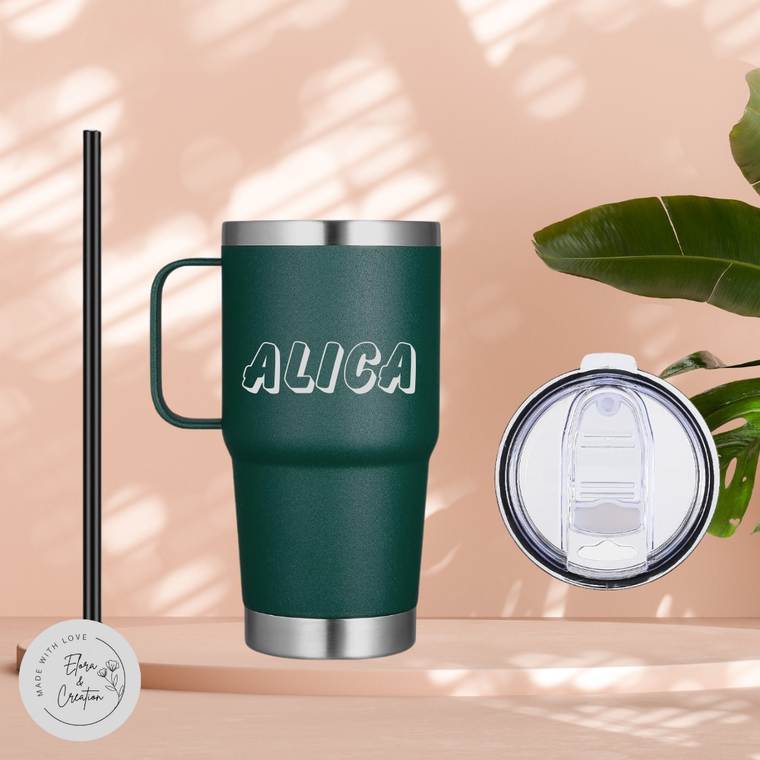 Custom Name or Logo Laser Engraved Stainless Steel Tumbler with handle