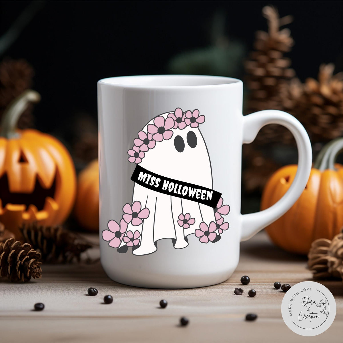 Cute Ghost Ms. Halloween - Mrs. Halloween Mug with Flower Wreath